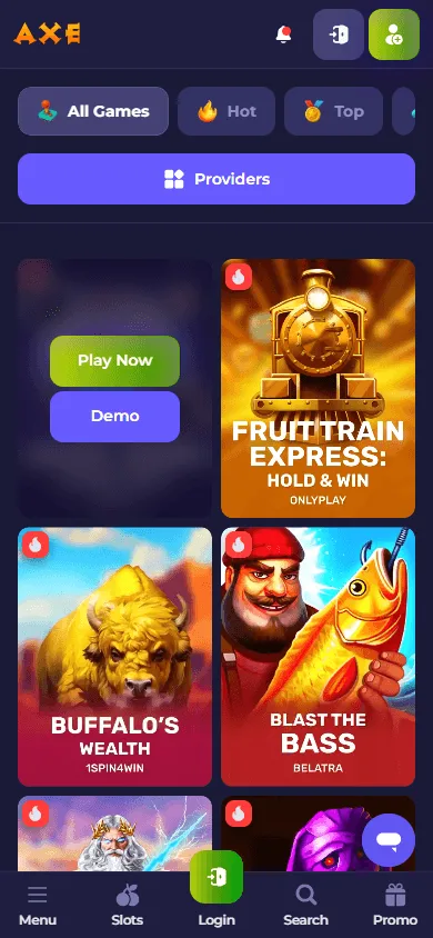 Axecasino mobile games area with slots and casino games