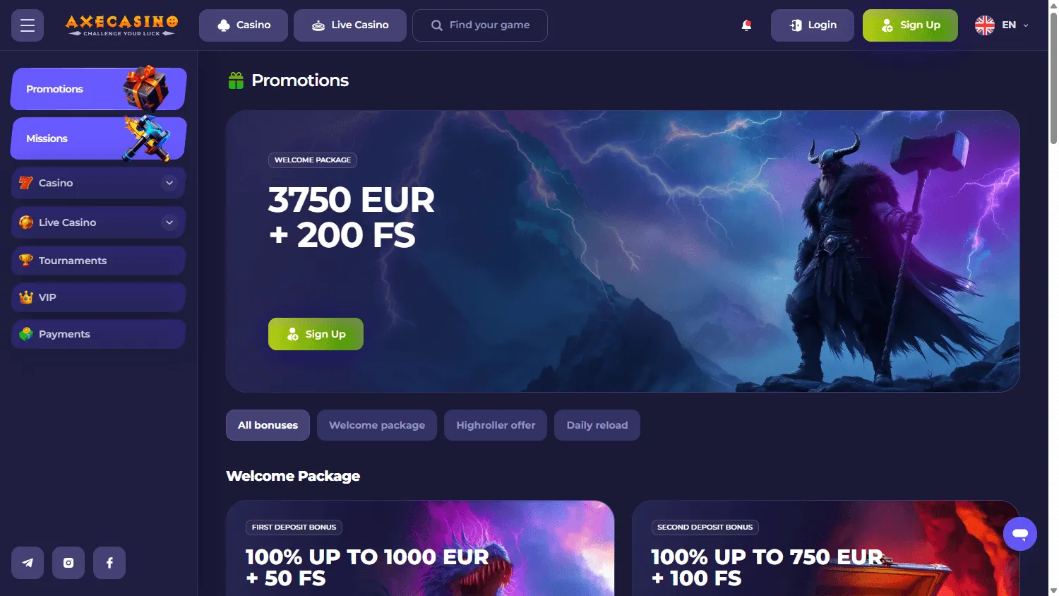 Axecasino desktop promotions area with bonuses and tournament offers