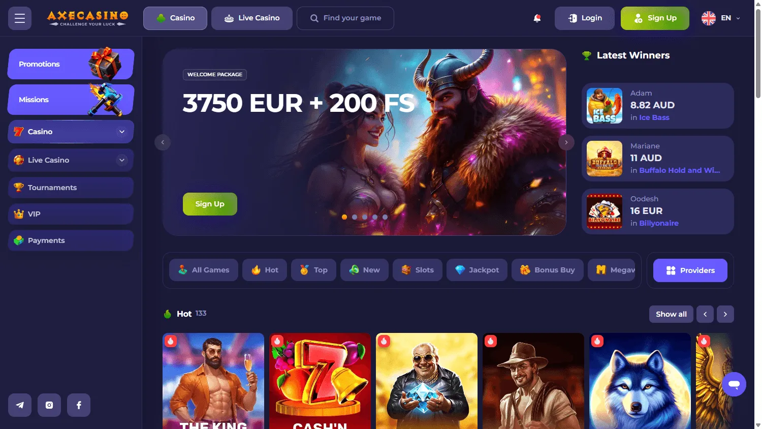 Axecasino desktop casino home with the Australian welcome package