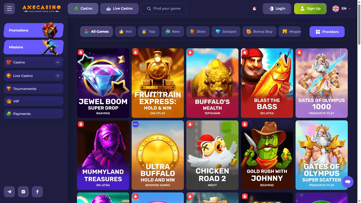 Axecasino desktop games area with casino titles and game categories